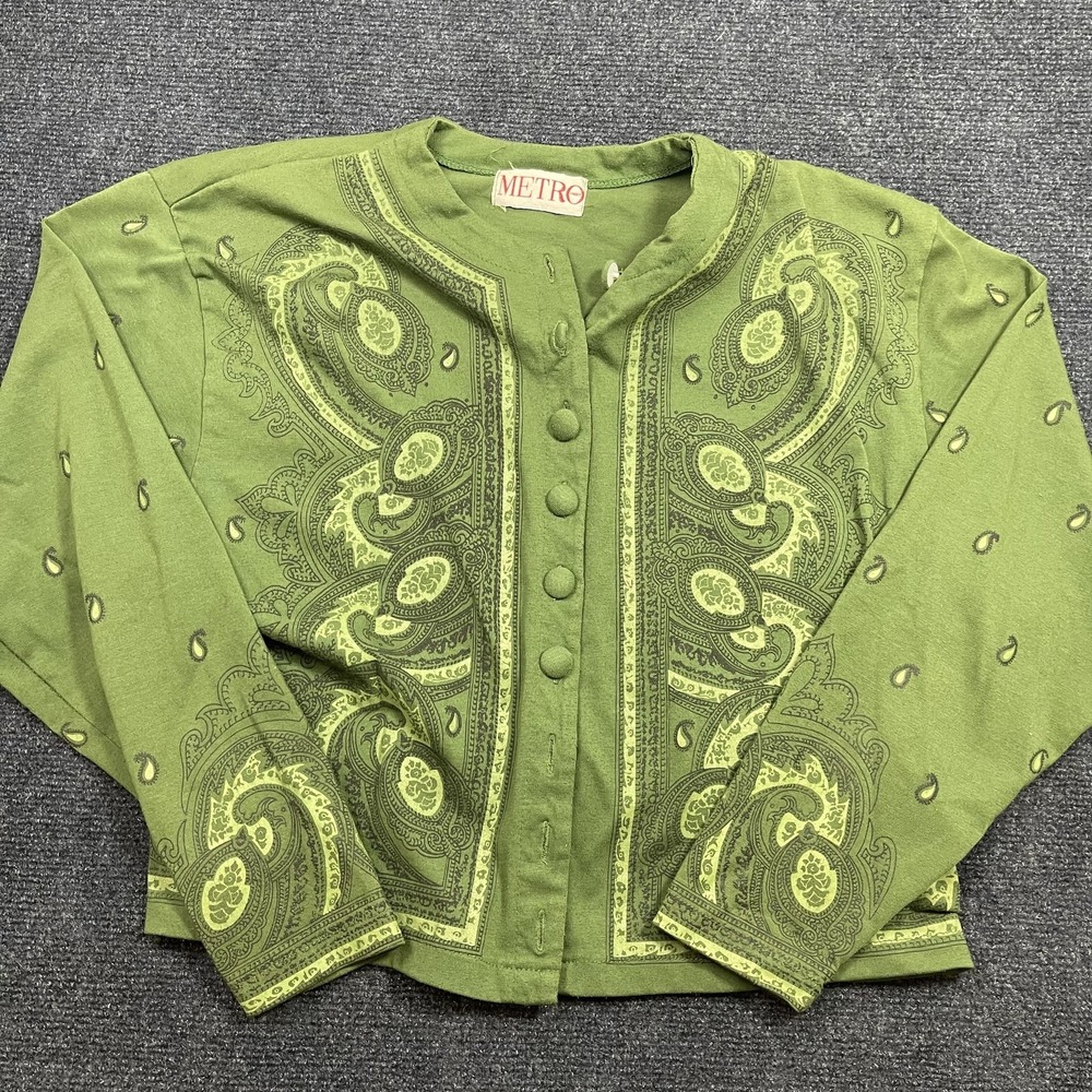 Vintage Metro Button Up Crop Shirt Womens Med Green Paisley Knit Dolman Sleeve